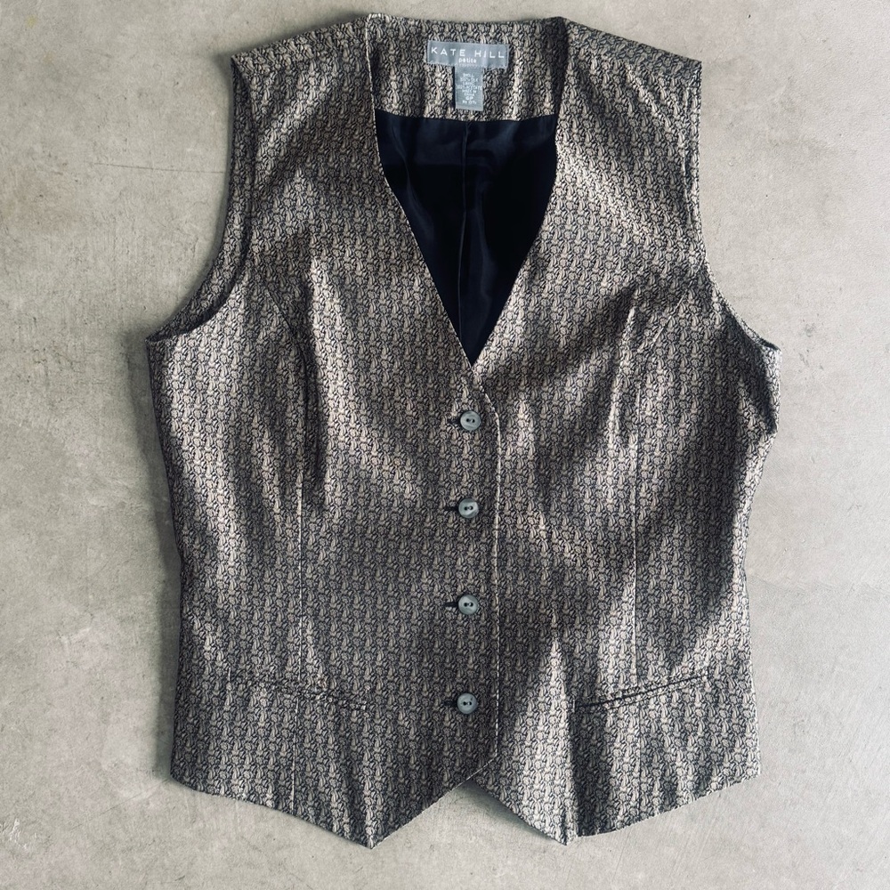 Kate Hill Y2K Silver & Gold 100% Silk Vest Button Up Lined 6P